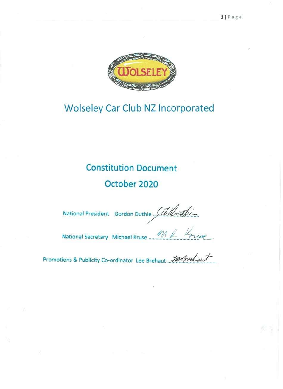 Wolseley Car Club NZ Inc Constitution October 2020